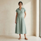 Smoke Green Cotton Paneled A-Line Midi Dress