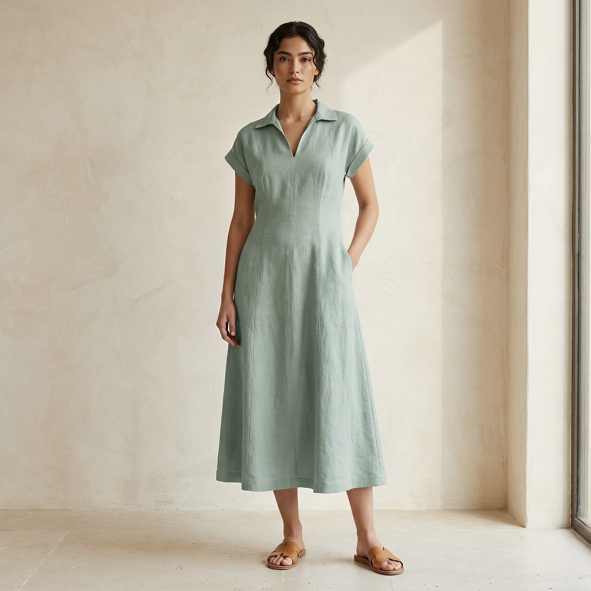 Smoke Green Cotton Paneled A-Line Midi Dress