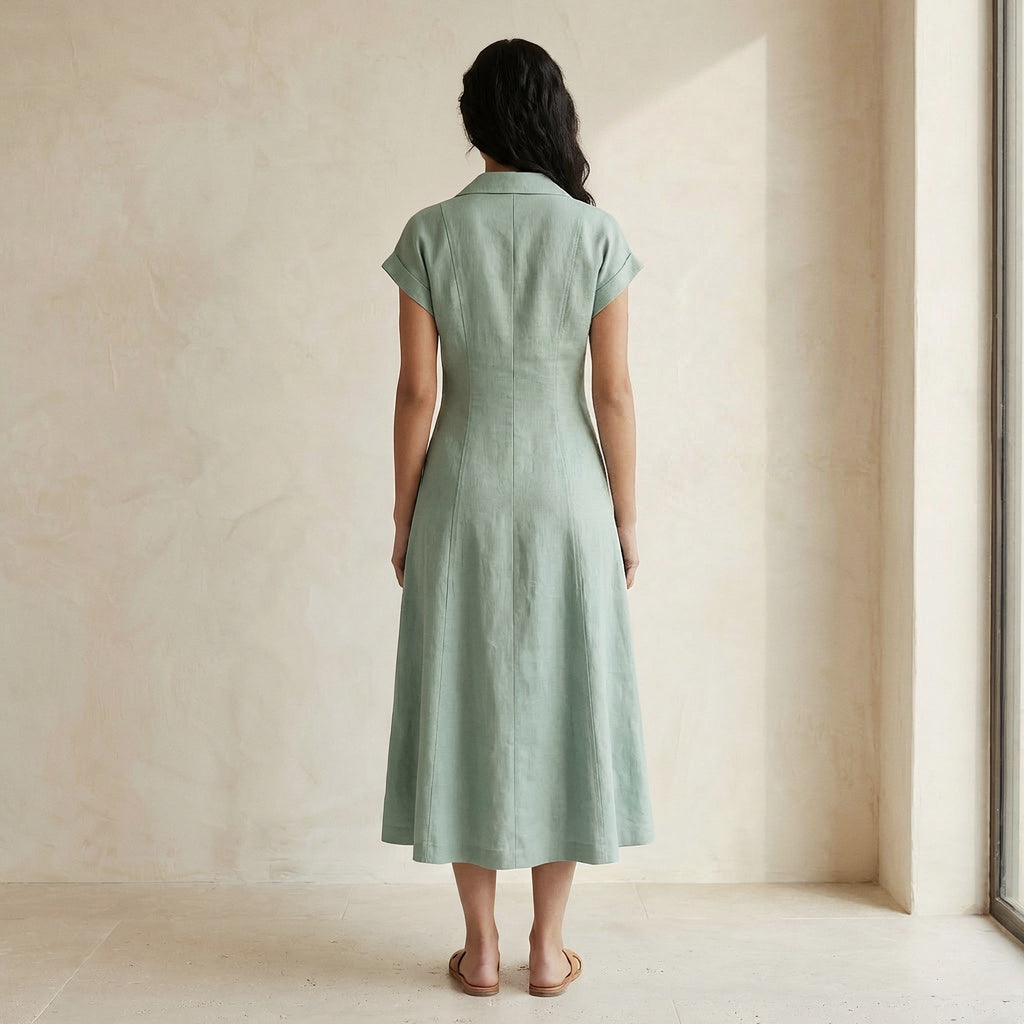 Smoke Green Cotton Paneled A-Line Midi Dress