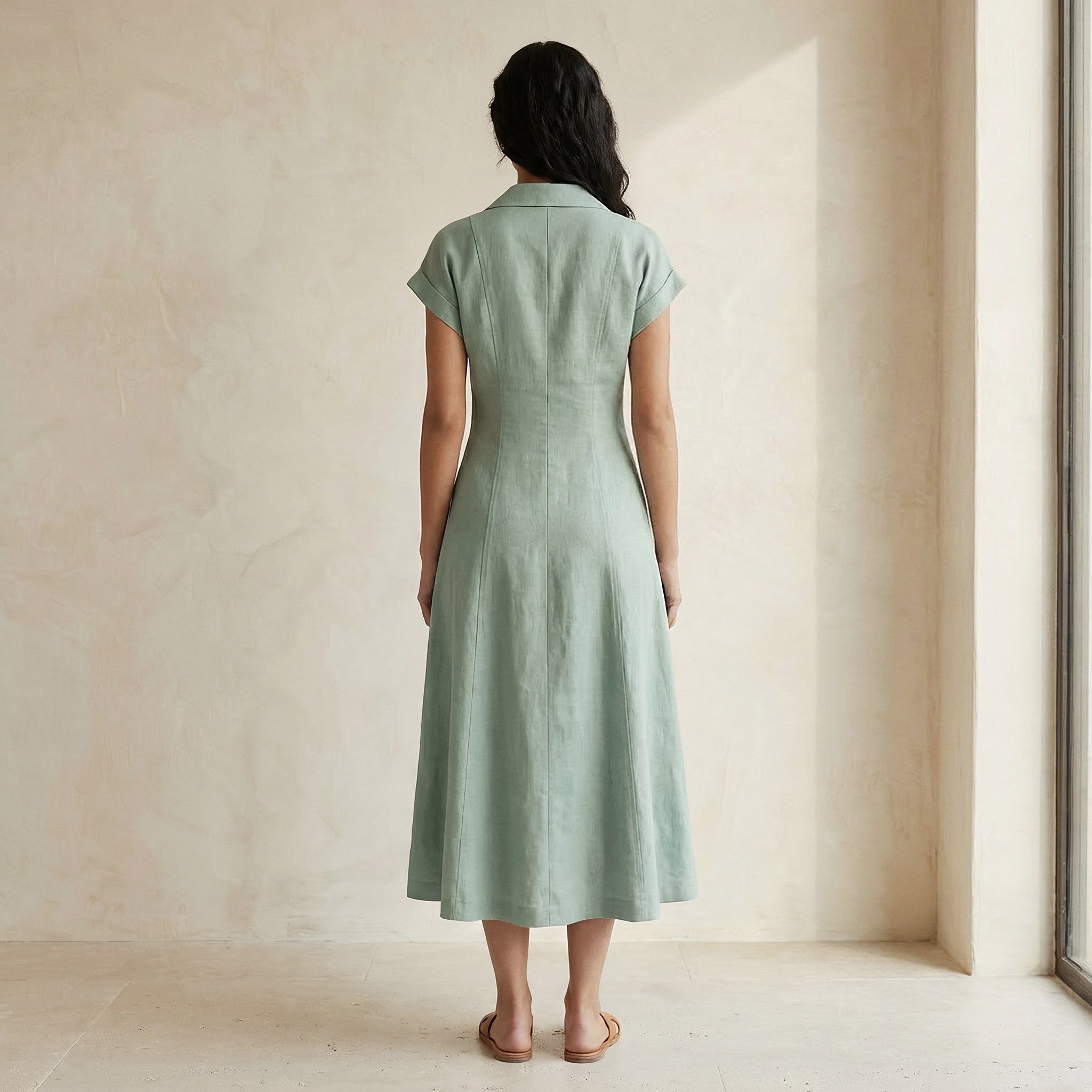 Smoke Green Cotton Paneled A-Line Midi Dress