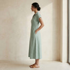 Smoke Green Cotton Paneled A-Line Midi Dress
