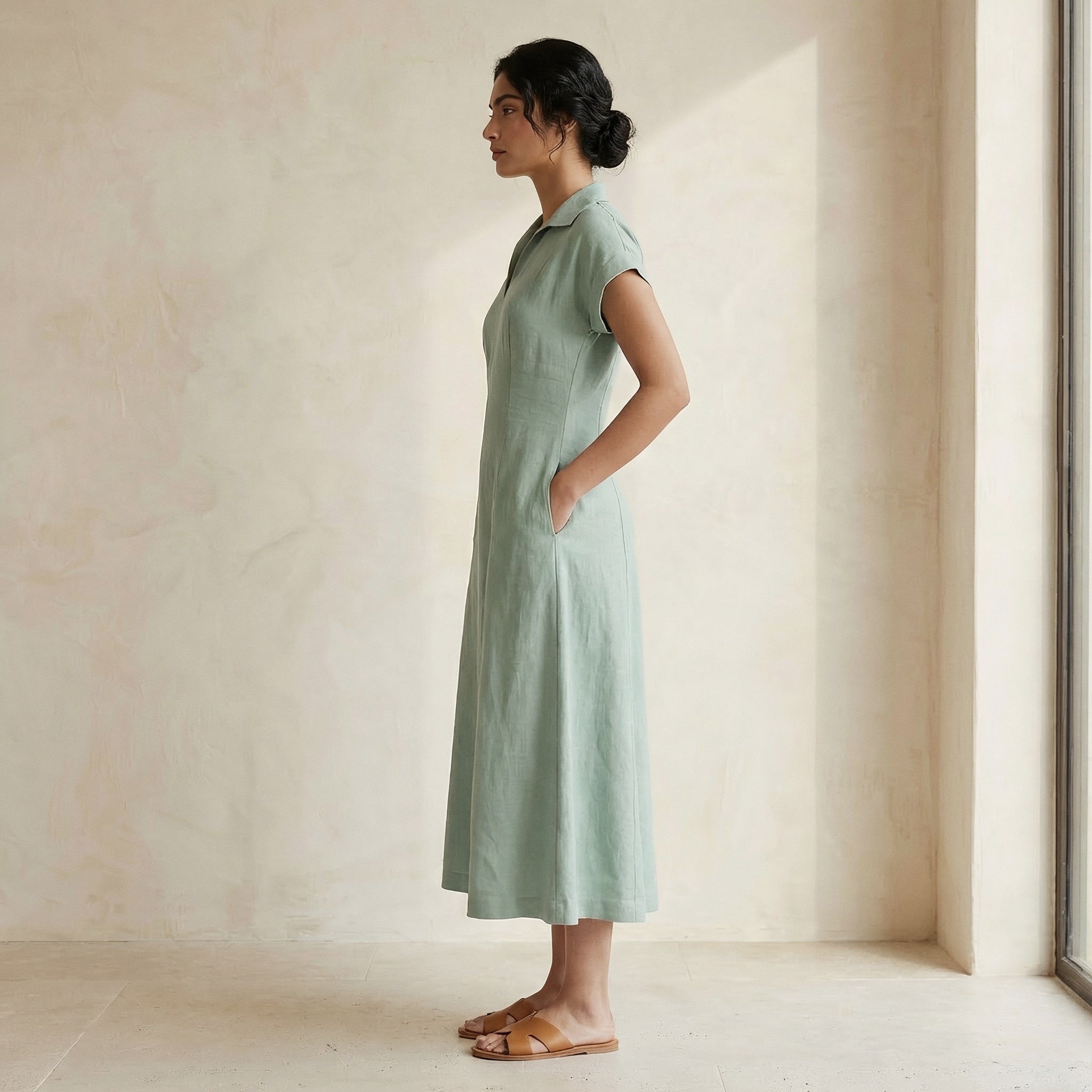 Smoke Green Cotton Paneled A-Line Midi Dress