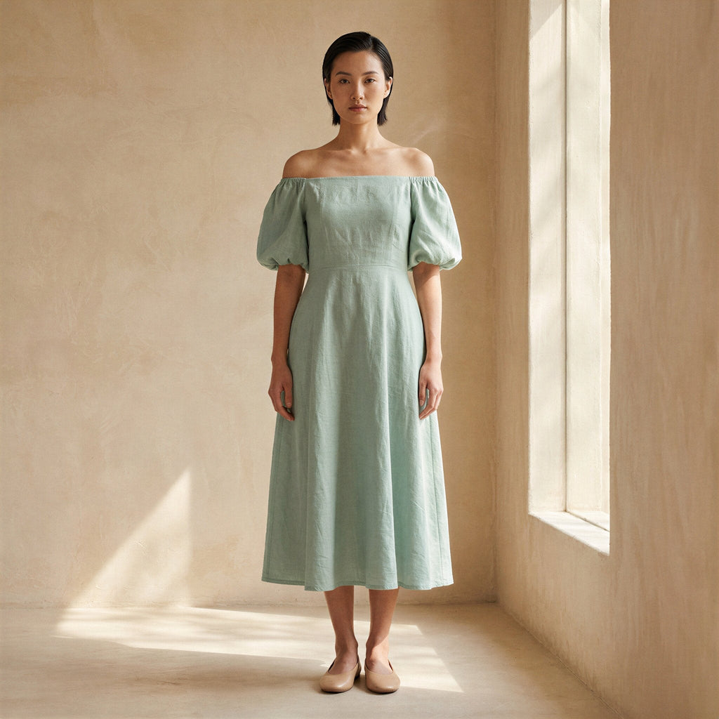 Smoke Green Cotton Puff Sleeves Off-Shoulder Midi Dress