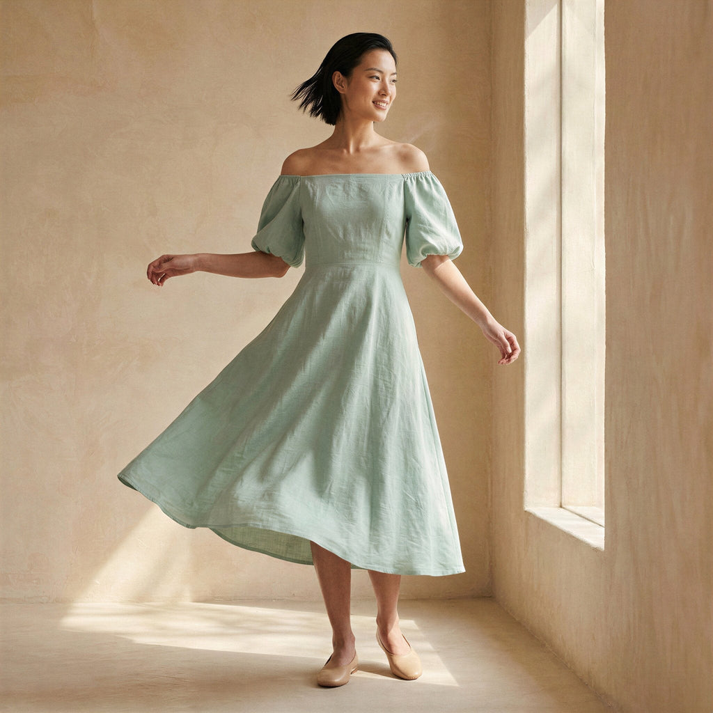 Smoke Green Cotton Puff Sleeves Off-Shoulder Midi Dress