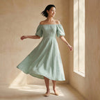 Smoke Green Cotton Puff Sleeves Off-Shoulder Midi Dress