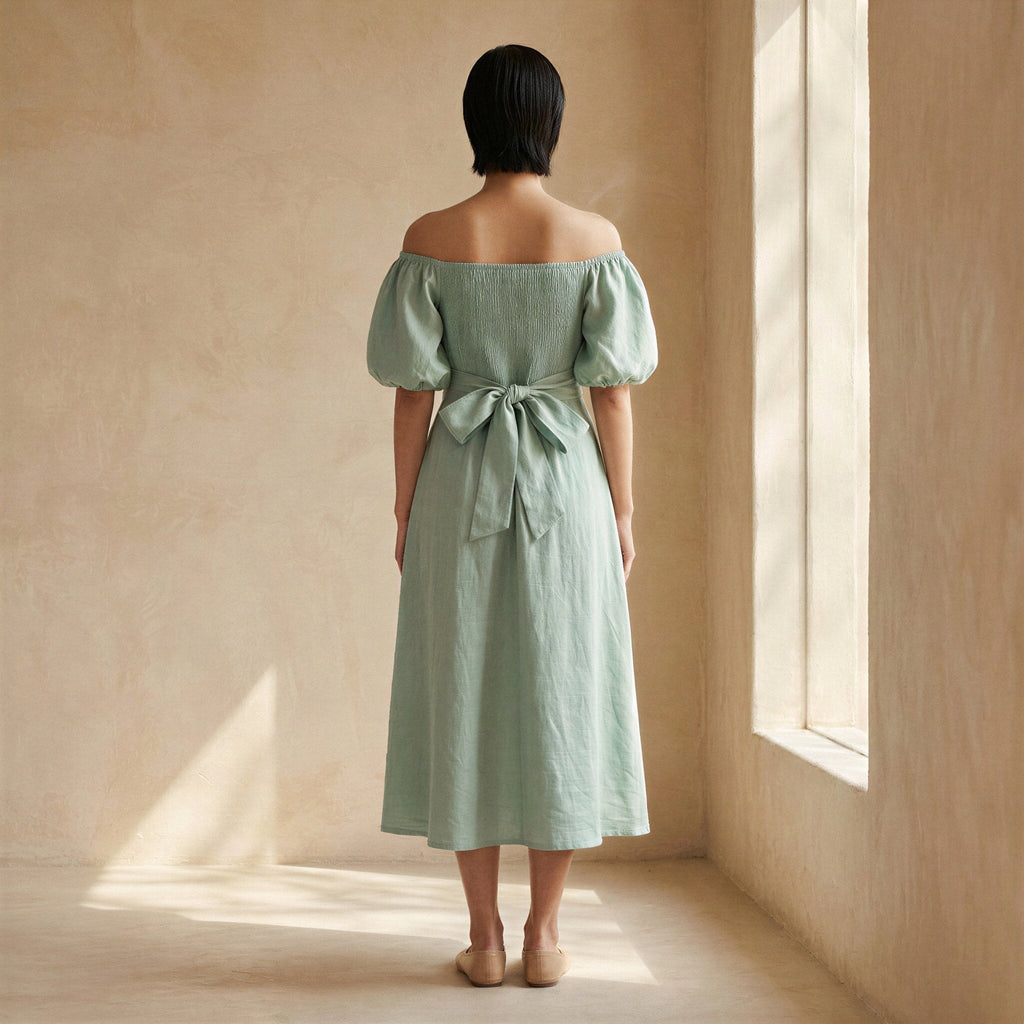 Smoke Green Cotton Puff Sleeves Off-Shoulder Midi Dress