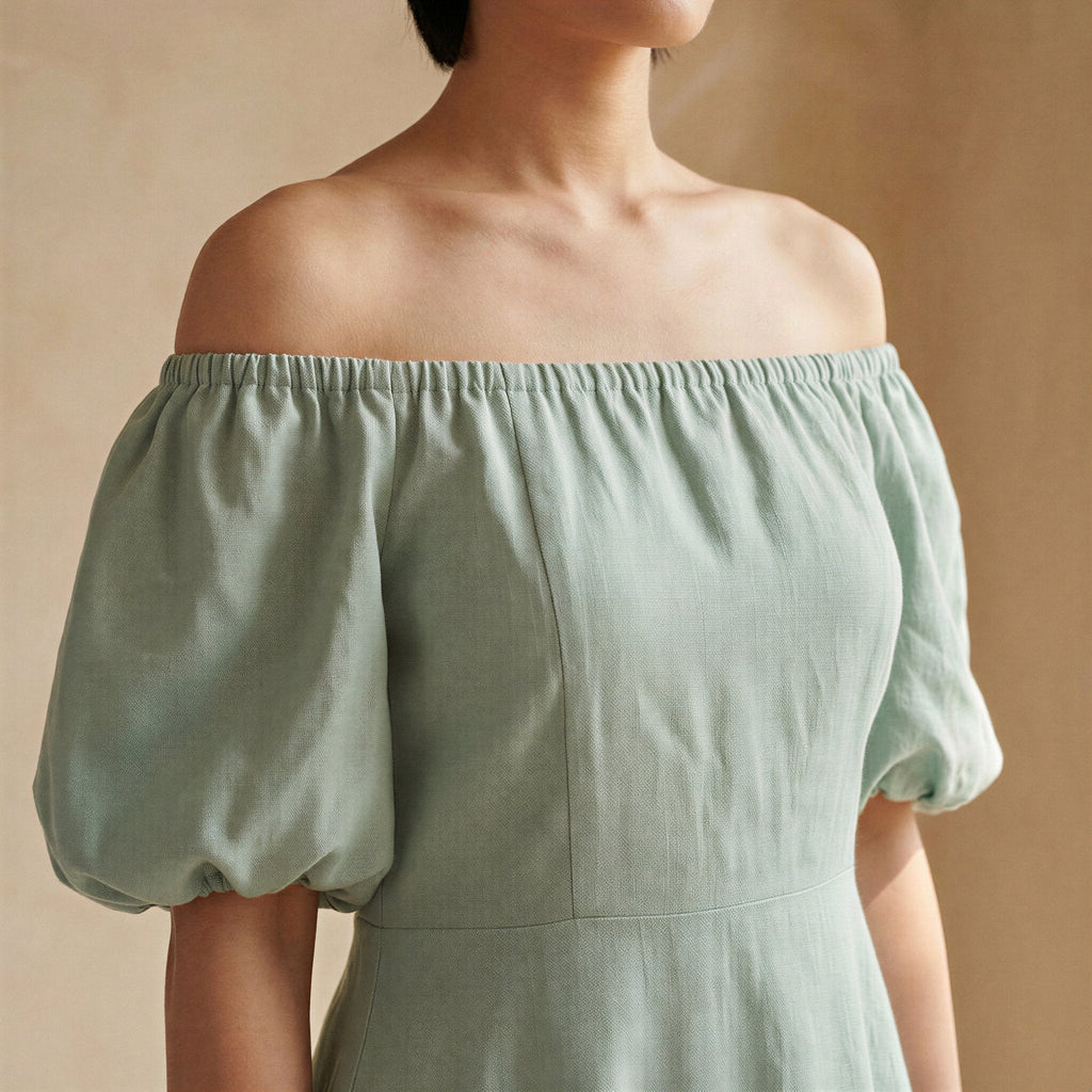 Smoke Green Cotton Puff Sleeves Off-Shoulder Midi Dress