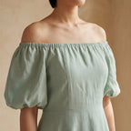 Smoke Green Cotton Puff Sleeves Off-Shoulder Midi Dress