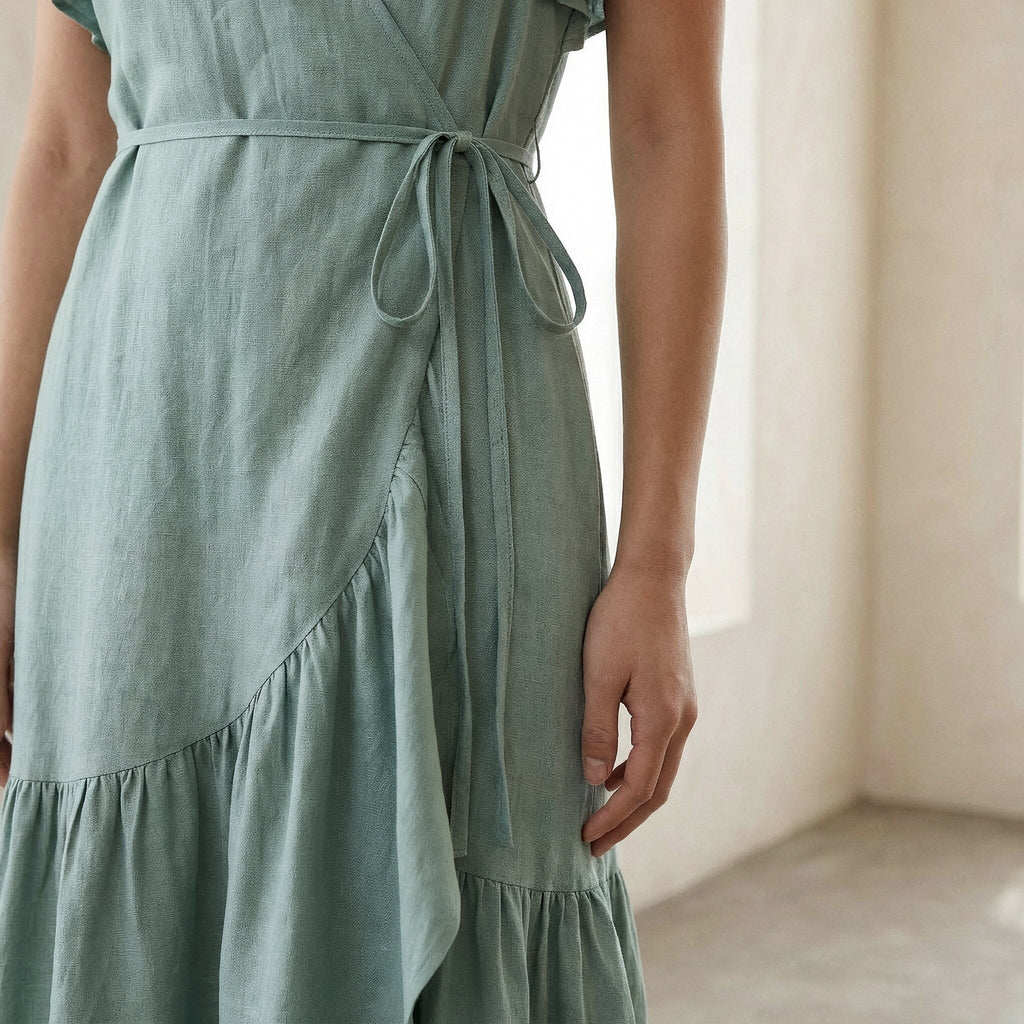Smoke Green Cotton Ruffle Midi Wrap Dress