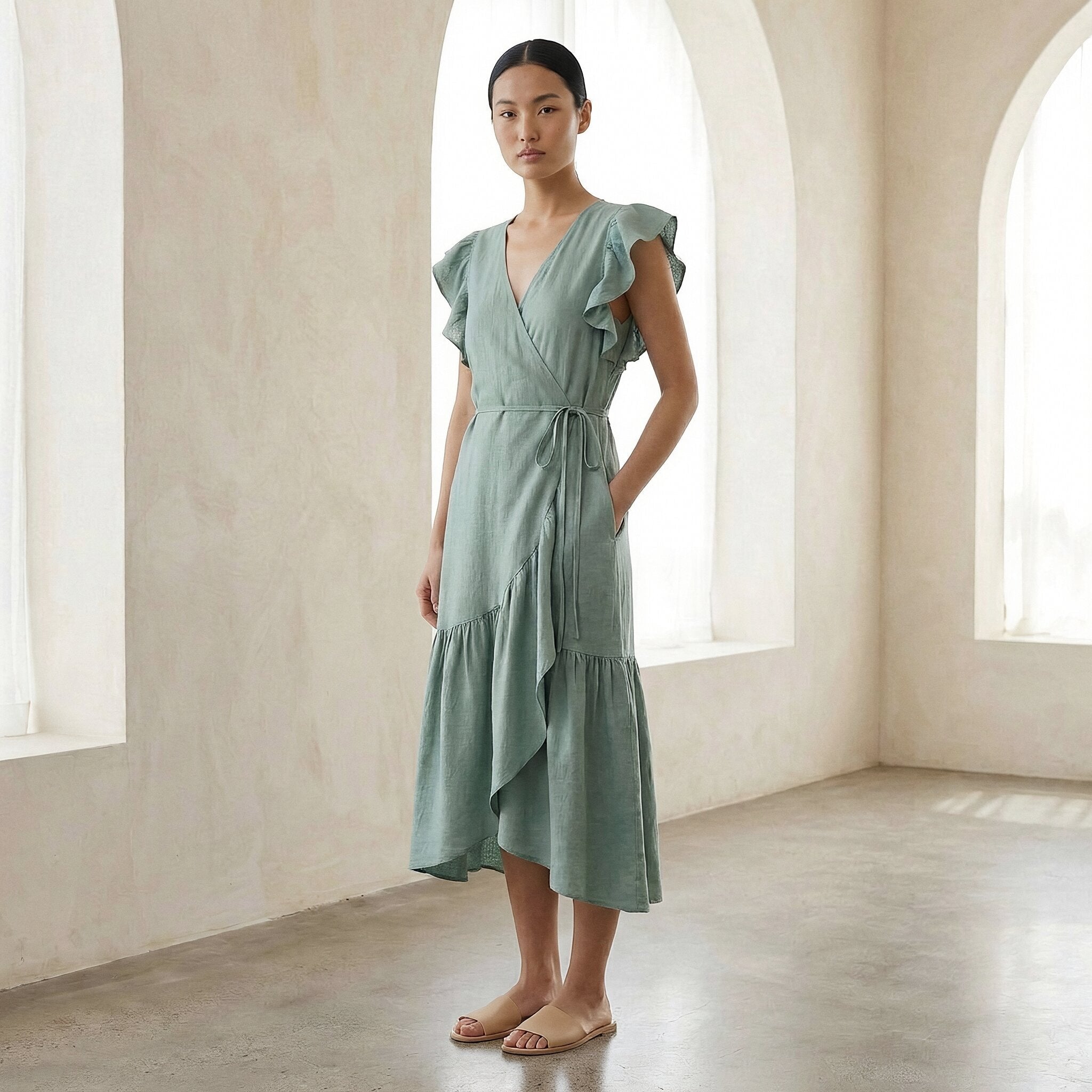 Smoke Green Cotton Ruffle Midi Wrap Dress
