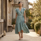 Smoke Green Cotton Ruffle Midi Wrap Dress