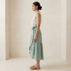 Smoke Green Cotton Ruffle Midi Wrap Skirt