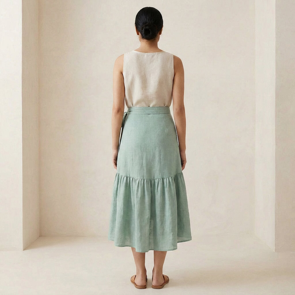 Smoke Green Cotton Ruffle Midi Wrap Skirt