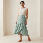 Smoke Green Cotton Ruffle Midi Wrap Skirt