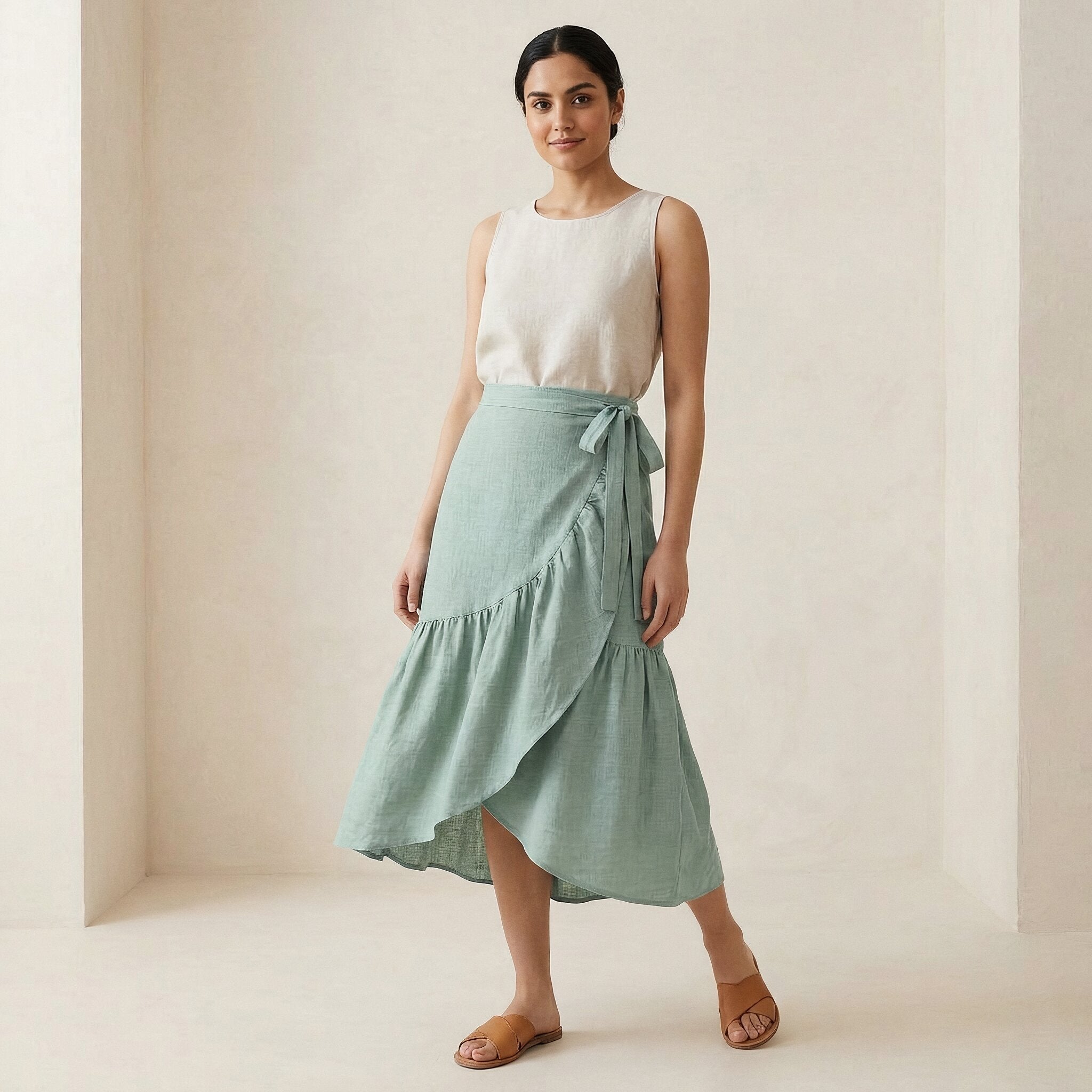 Smoke Green Cotton Ruffle Midi Wrap Skirt