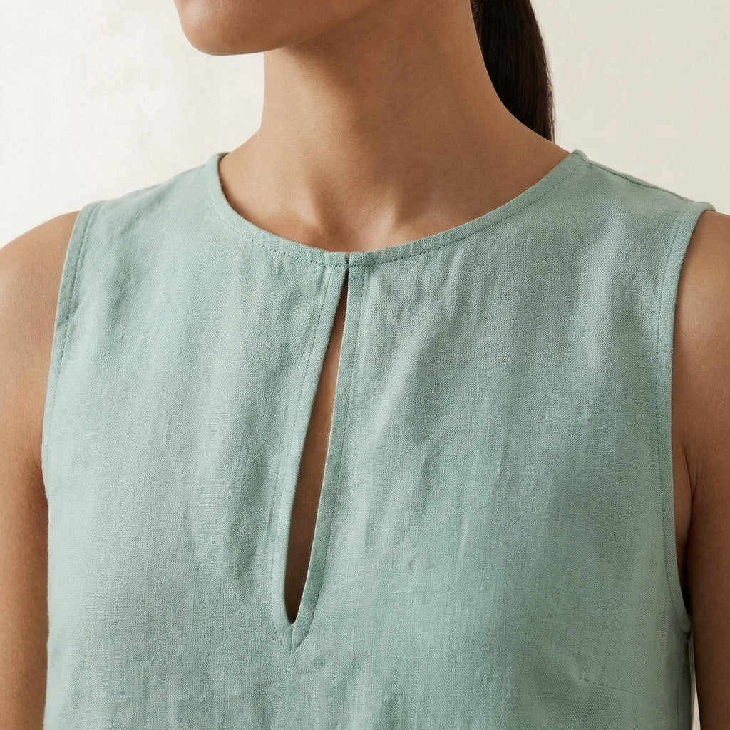 Smoke Green Cotton Sleeveless A-Line Short Shift Dress