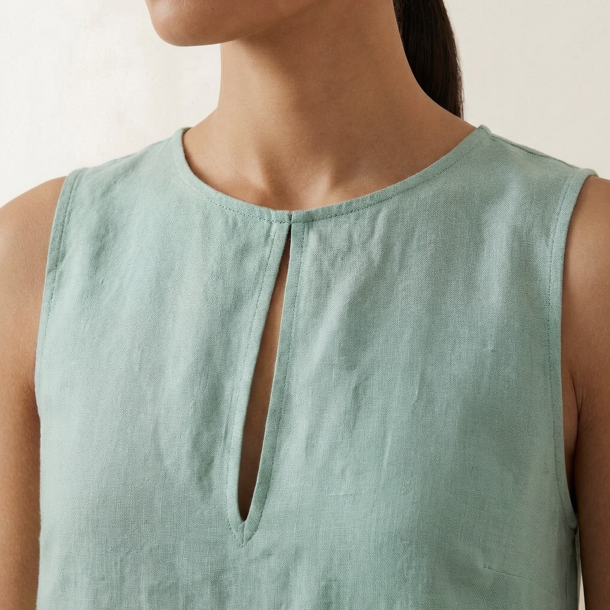 Smoke Green Cotton Sleeveless A-Line Short Shift Dress