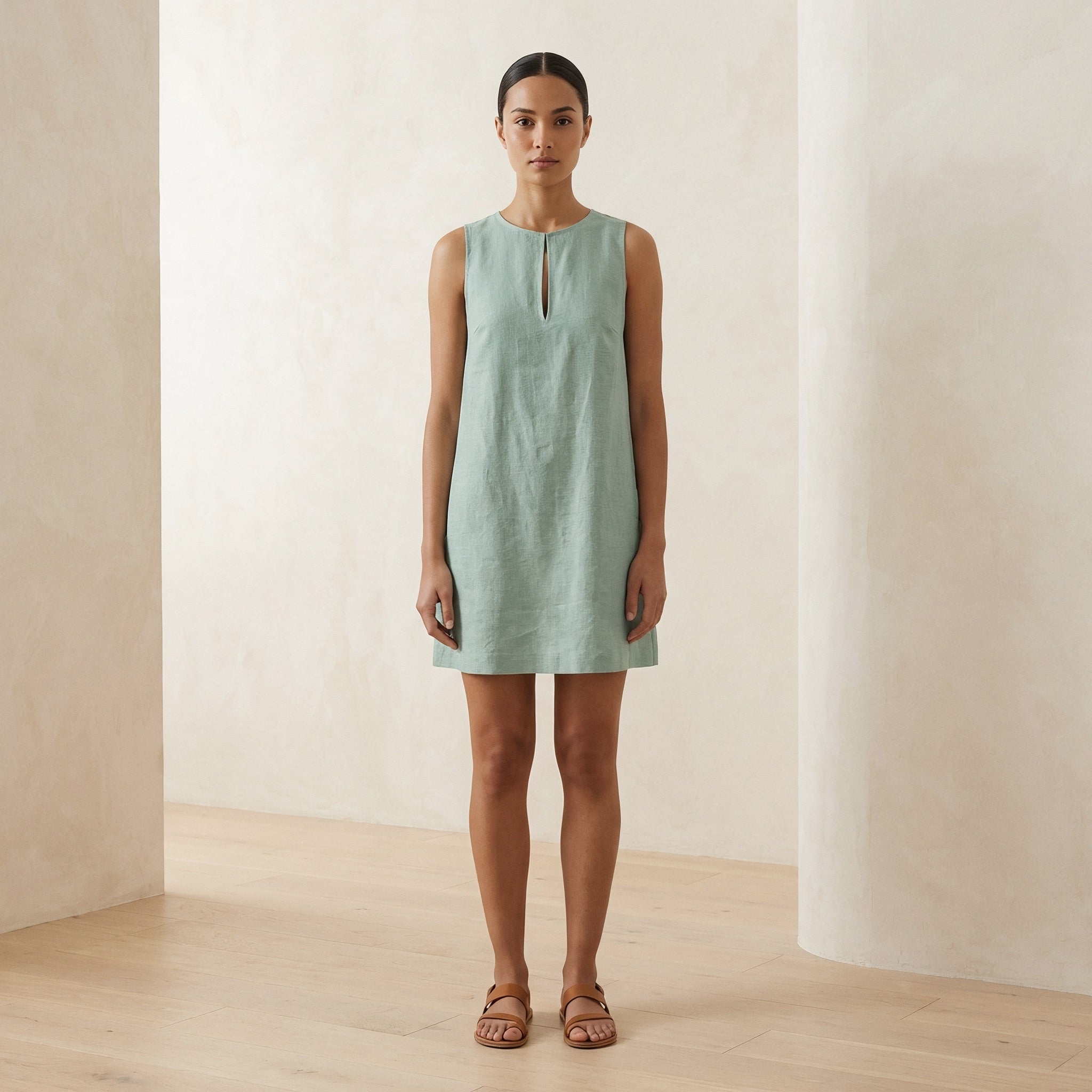 Smoke Green Cotton Sleeveless A-Line Short Shift Dress