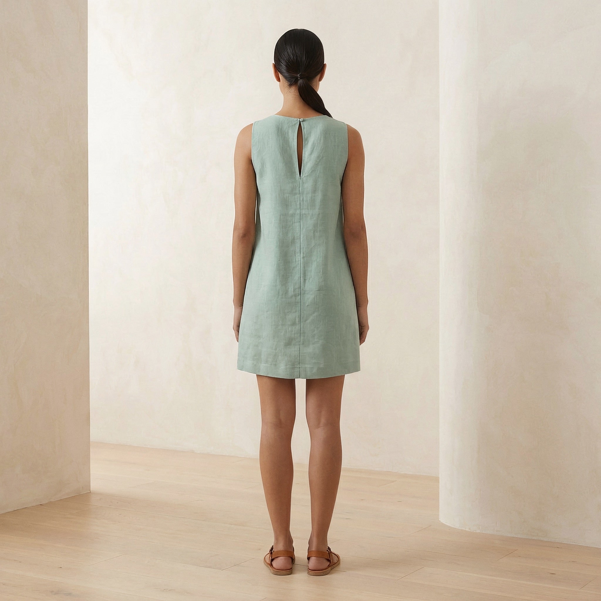 Smoke Green Cotton Sleeveless A-Line Short Shift Dress