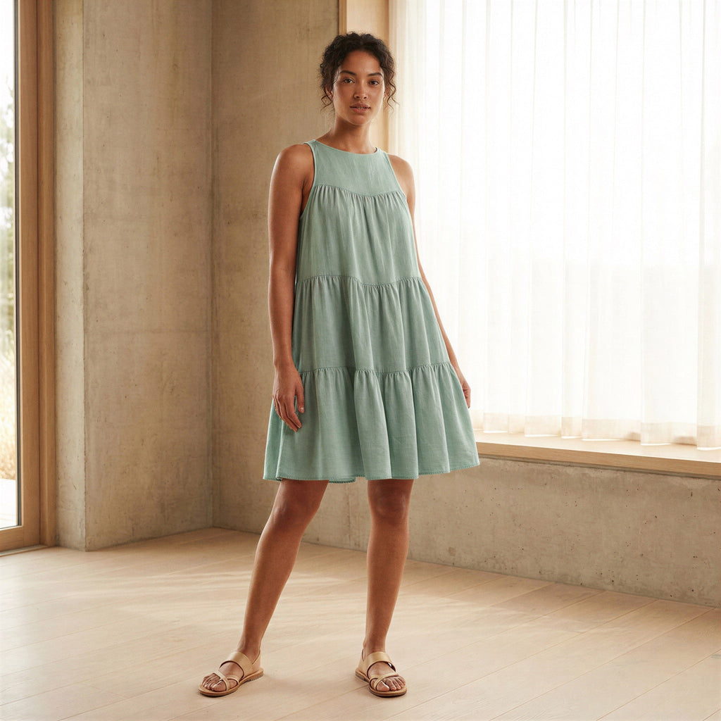 Smoke Green Cotton Tiered Mini Sundress