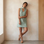Smoke Green Cotton V-Neck Short Shift Dress with Scarf-Belt