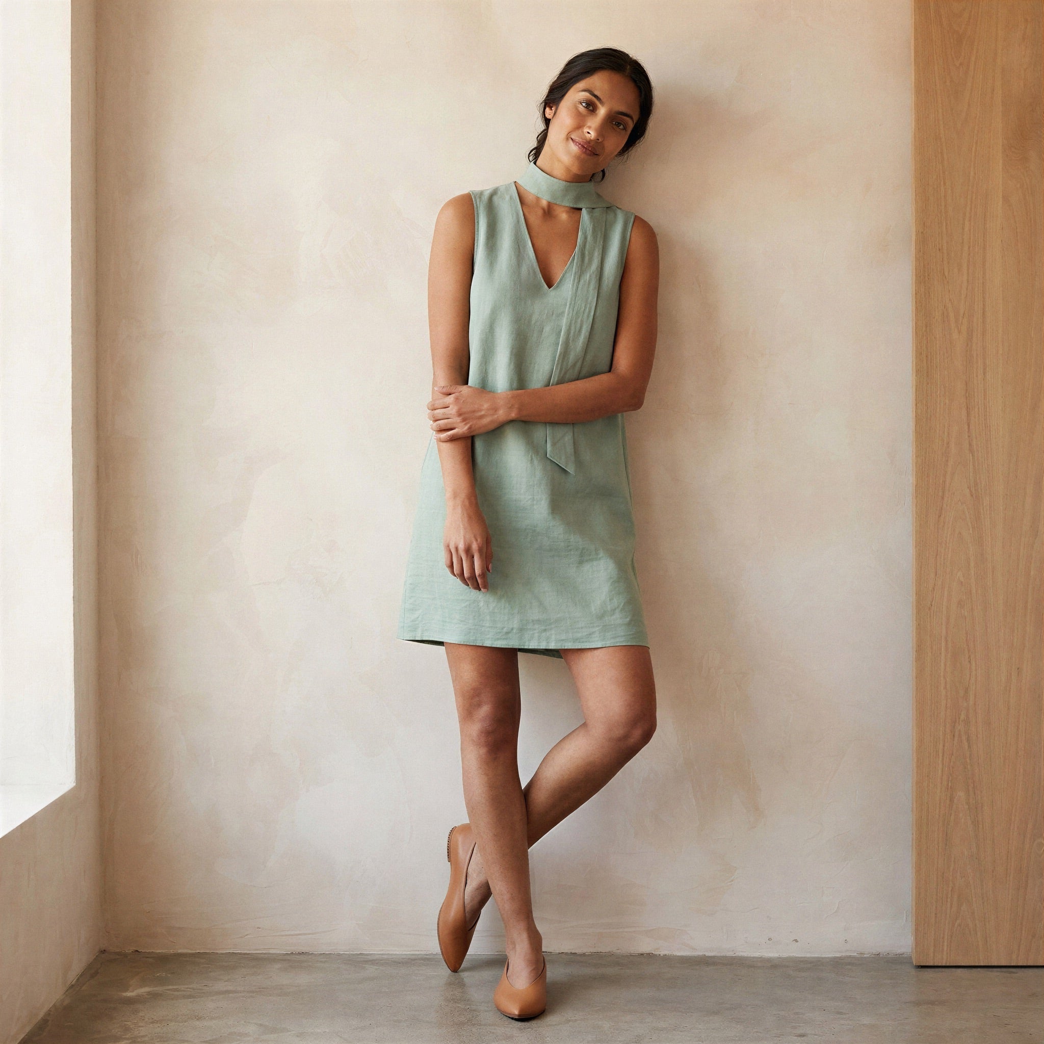 Smoke Green Cotton V-Neck Short Shift Dress with Scarf-Belt