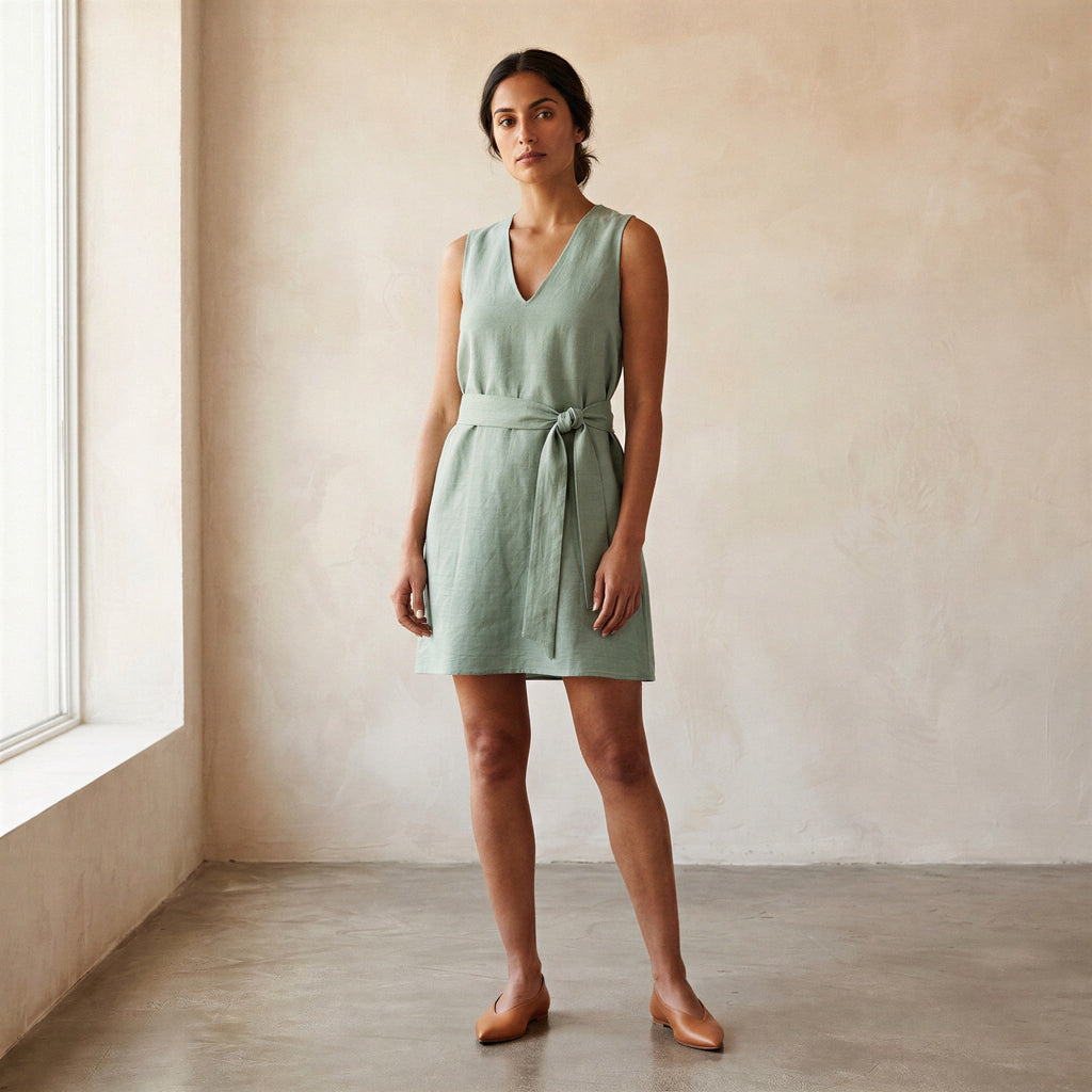 Smoke Green Cotton V-Neck Short Shift Dress with Scarf-Belt