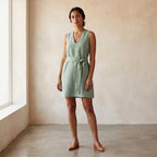 Smoke Green Cotton V-Neck Short Shift Dress with Scarf-Belt