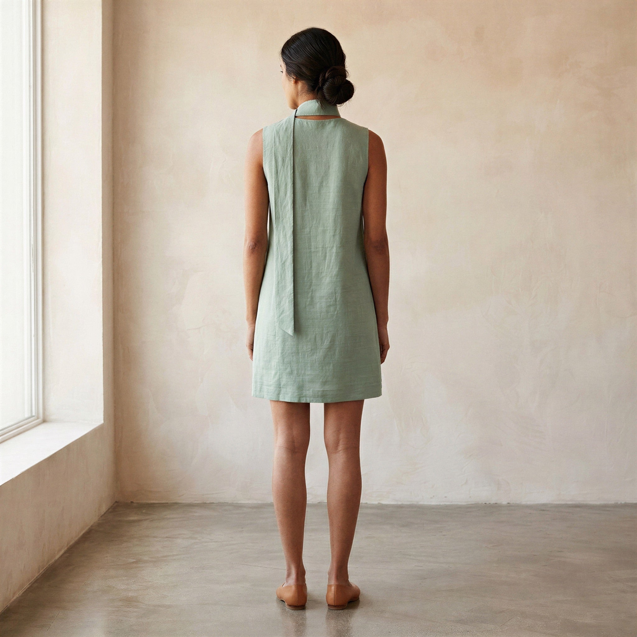Smoke Green Cotton V-Neck Short Shift Dress with Scarf-Belt
