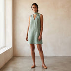 Smoke Green Cotton V-Neck Short Shift Dress with Scarf-Belt