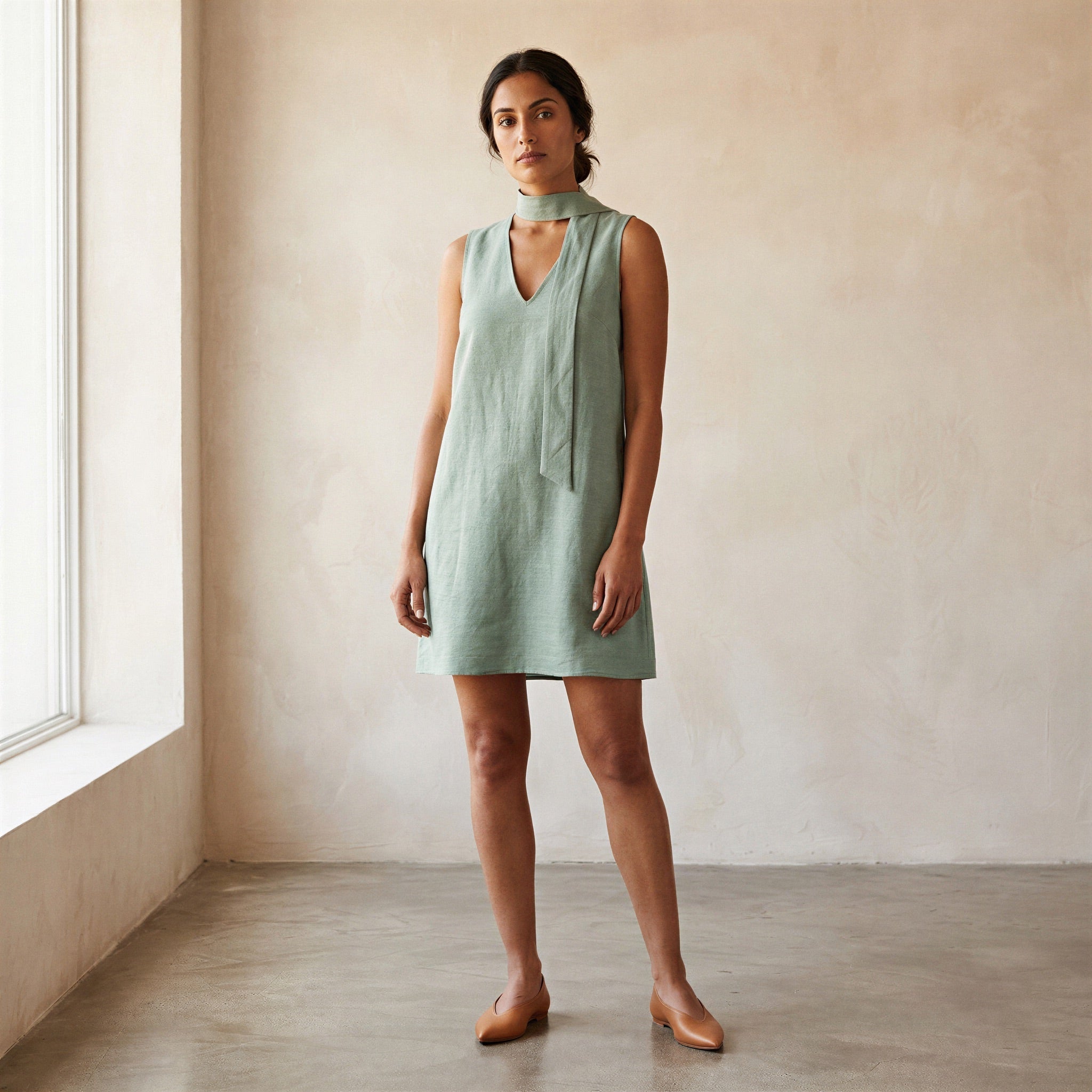 Smoke Green Cotton V-Neck Short Shift Dress with Scarf-Belt