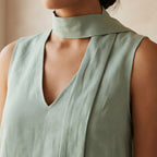 Smoke Green Cotton V-Neck Short Shift Dress with Scarf-Belt