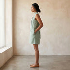 Smoke Green Cotton V-Neck Short Shift Dress with Scarf-Belt