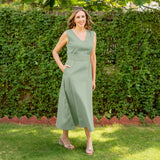 Smoke Green Cotton V-Neck Sleeveless Maxi Dress