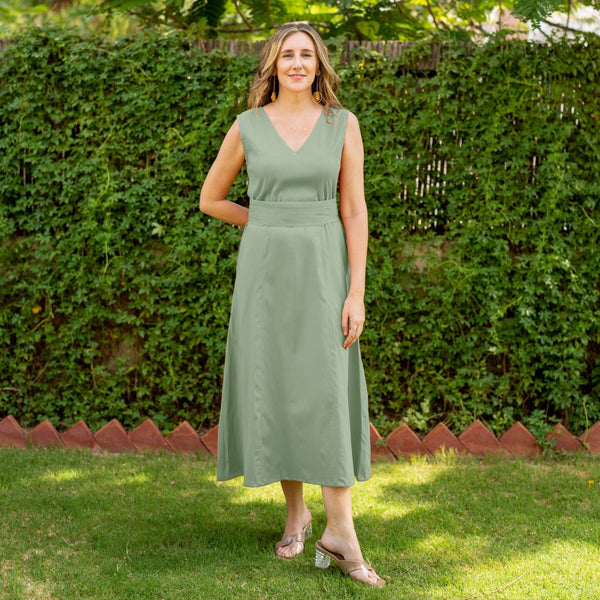 Smoke Green Cotton V-Neck Sleeveless Maxi Dress