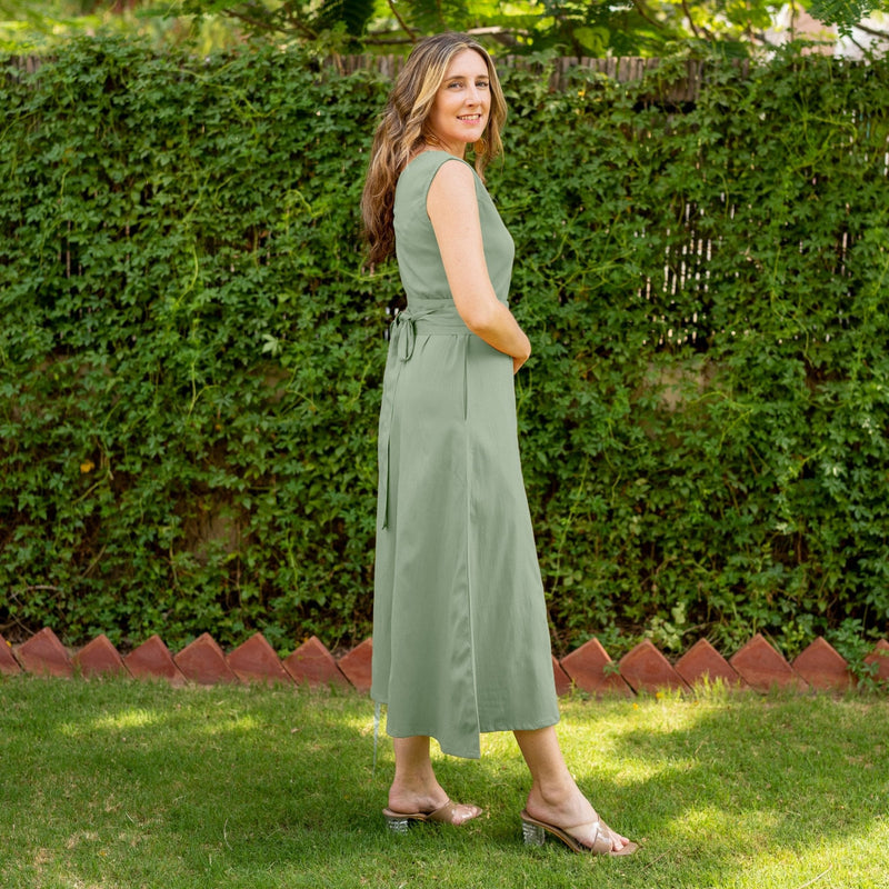 Smoke Green Cotton V-Neck Sleeveless Maxi Dress