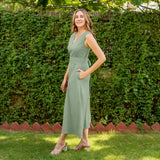 Smoke Green Cotton V-Neck Sleeveless Maxi Dress