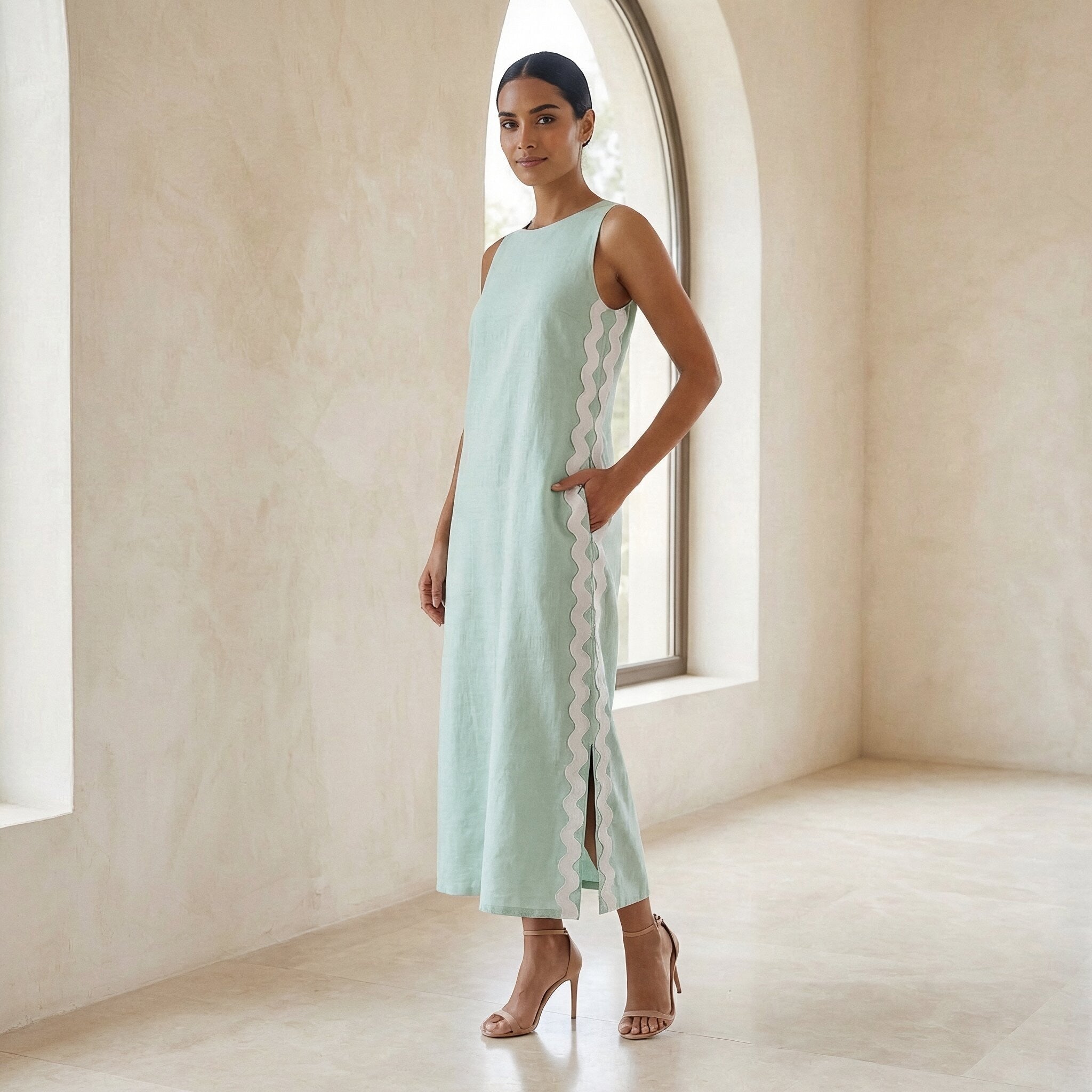 Smoke Green Cotton Wavy Stripe Maxi Shift Dress