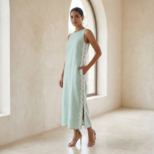 Smoke Green Cotton Wavy Stripe Maxi Shift Dress