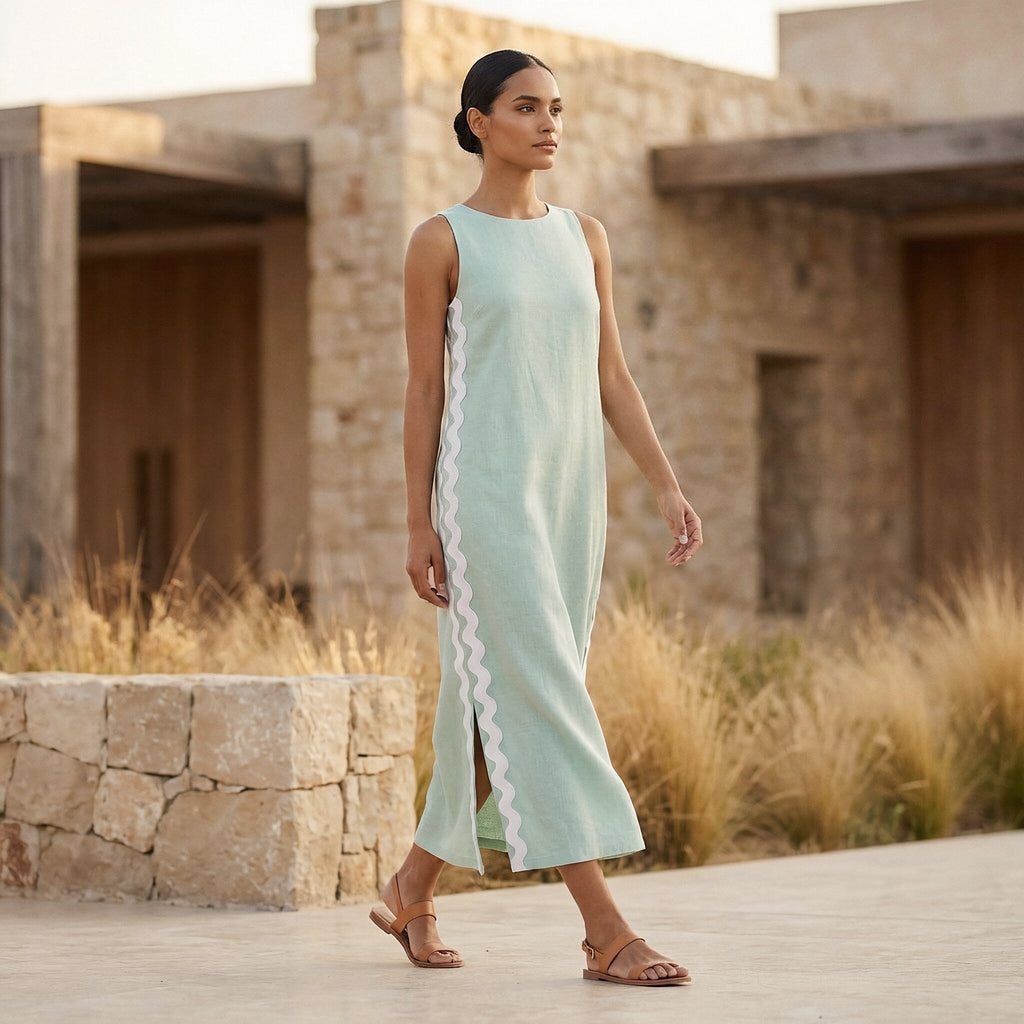 Smoke Green Cotton Wavy Stripe Maxi Shift Dress