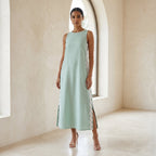 Smoke Green Cotton Wavy Stripe Maxi Shift Dress
