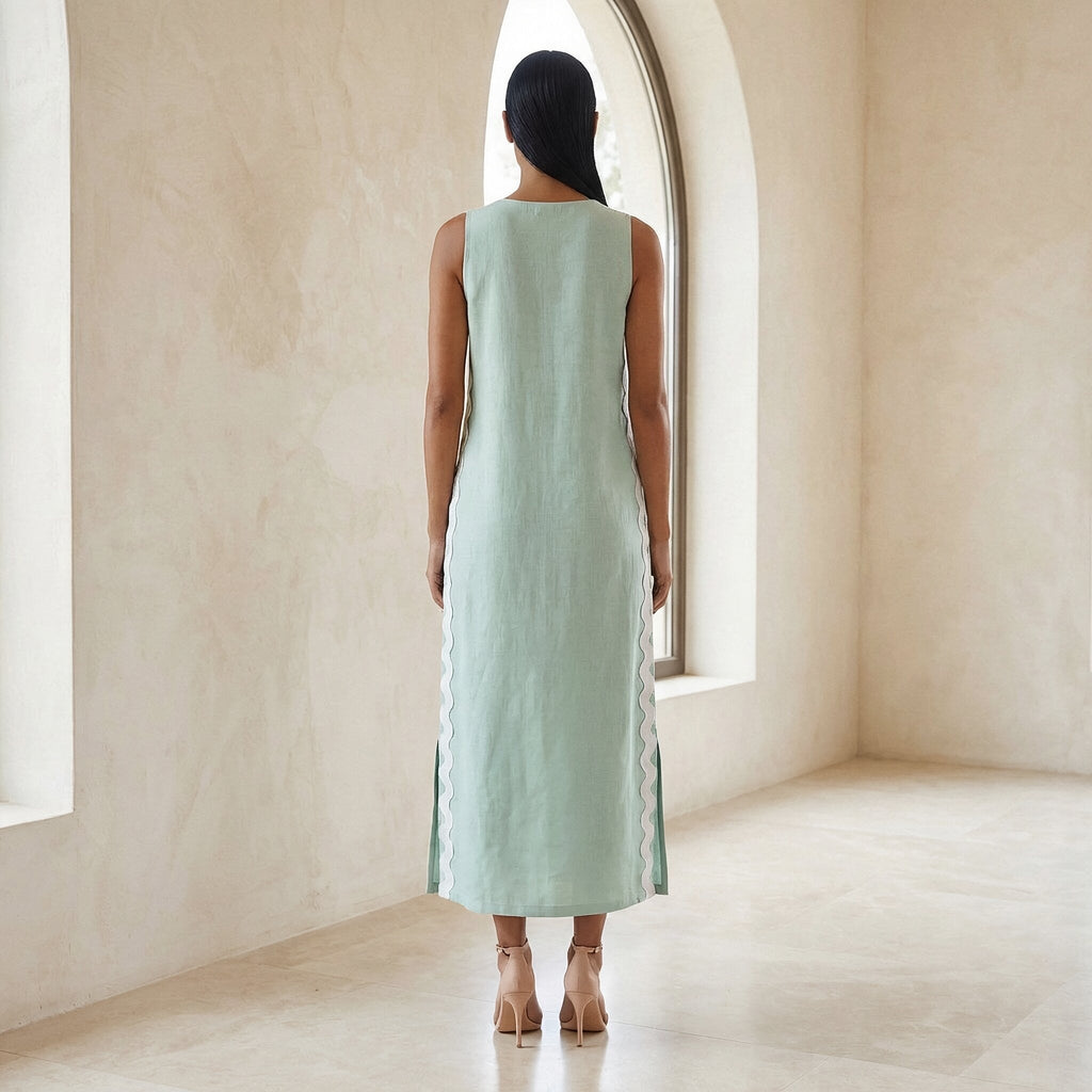 Smoke Green Cotton Wavy Stripe Maxi Shift Dress