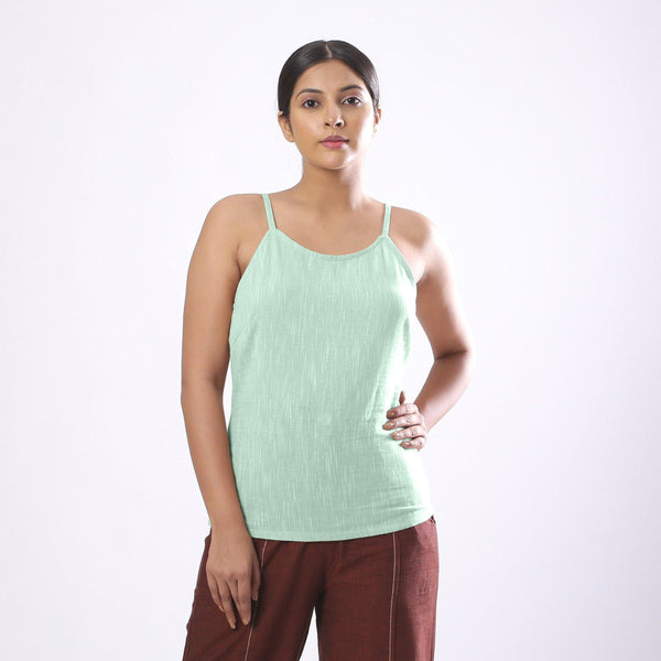 Front View of a Model wearing Solid Aqua Basic Cotton Spaghetti Top