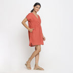 Right View of a Model wearing Brick Red Cotton Solid Wrap Dress