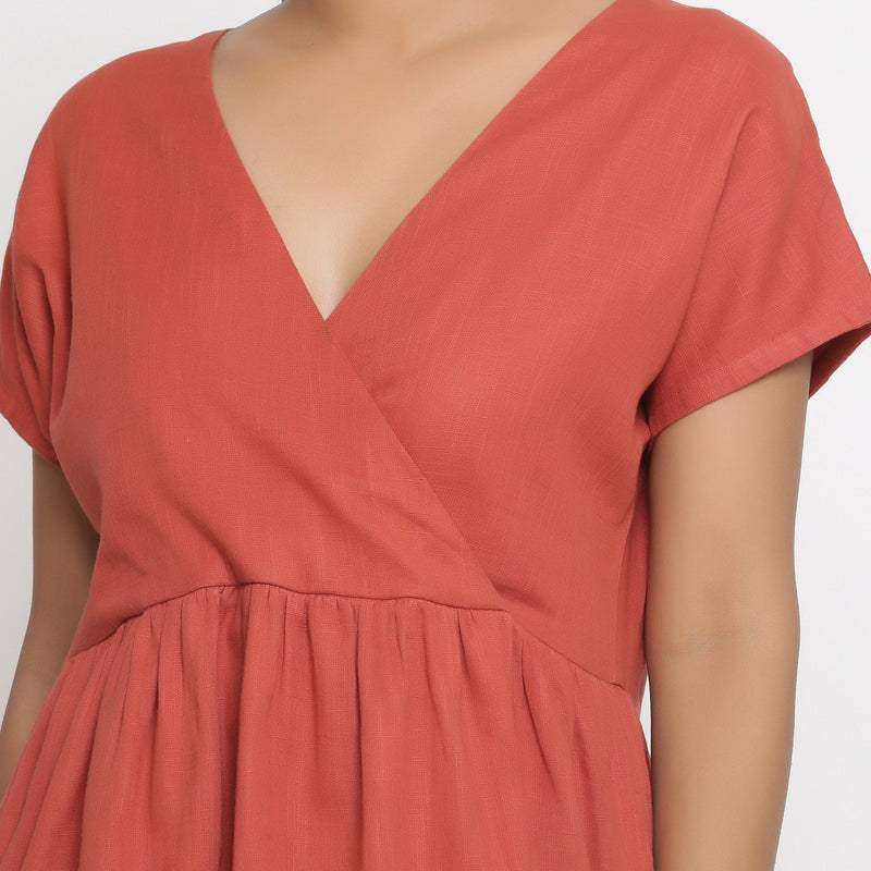 Front Detail of a Model wearing Brick Red Cotton Solid Wrap Dress