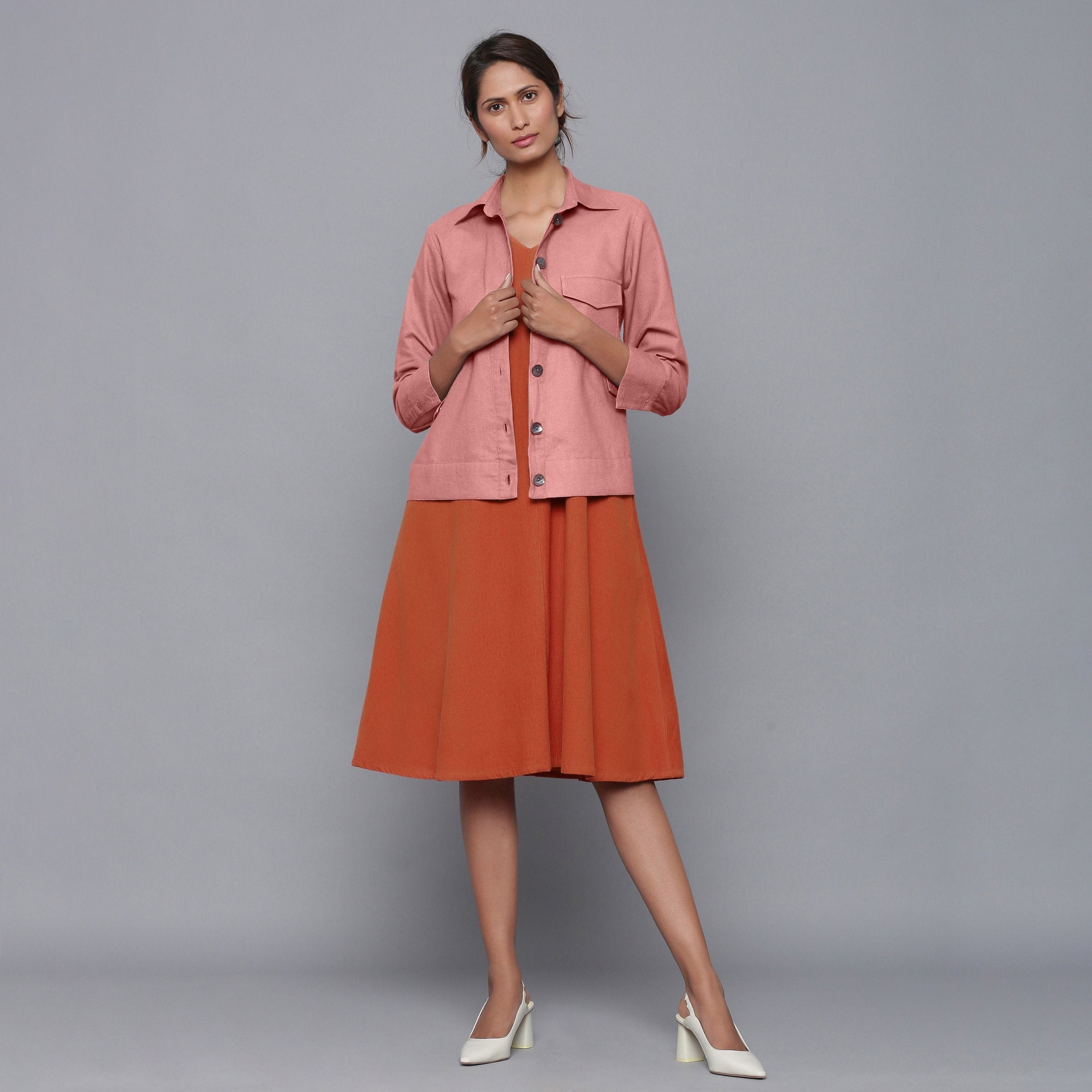Front View of a Model wearing Solid English Rose Flannel Short Jacket