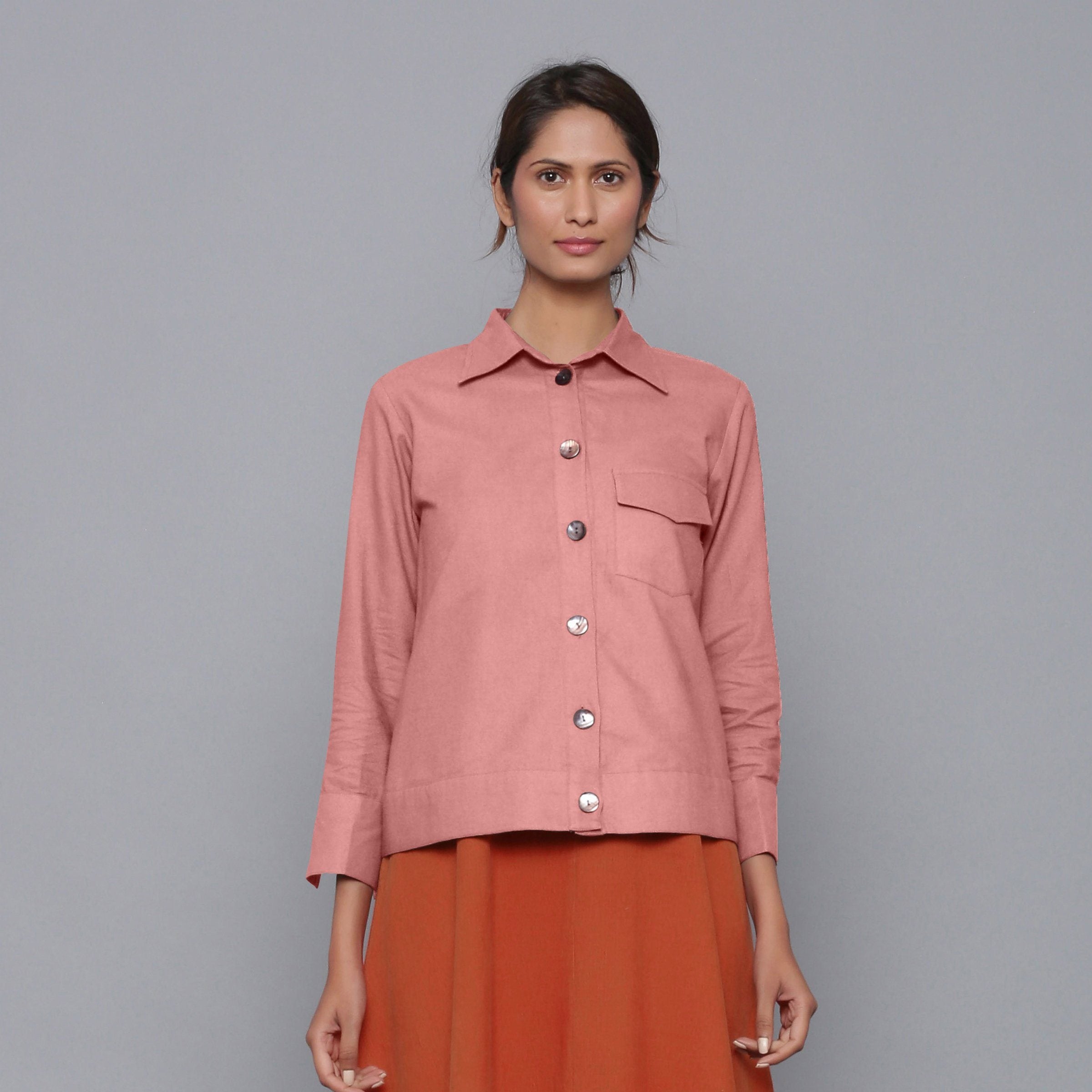 Front View of a Model wearing Solid English Rose Flannel Short Jacket