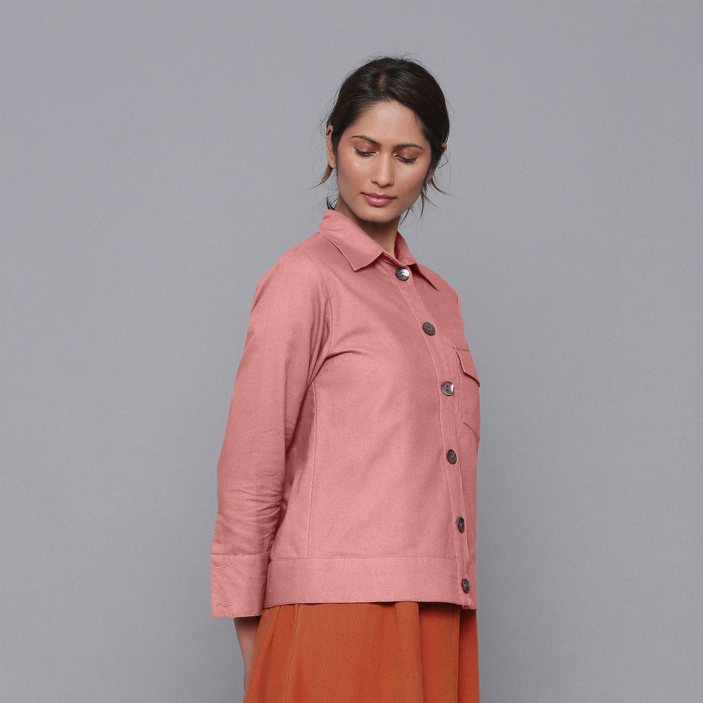 Right View of a Model wearing Solid English Rose Flannel Short Jacket