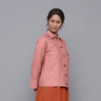 Right View of a Model wearing Solid English Rose Flannel Short Jacket