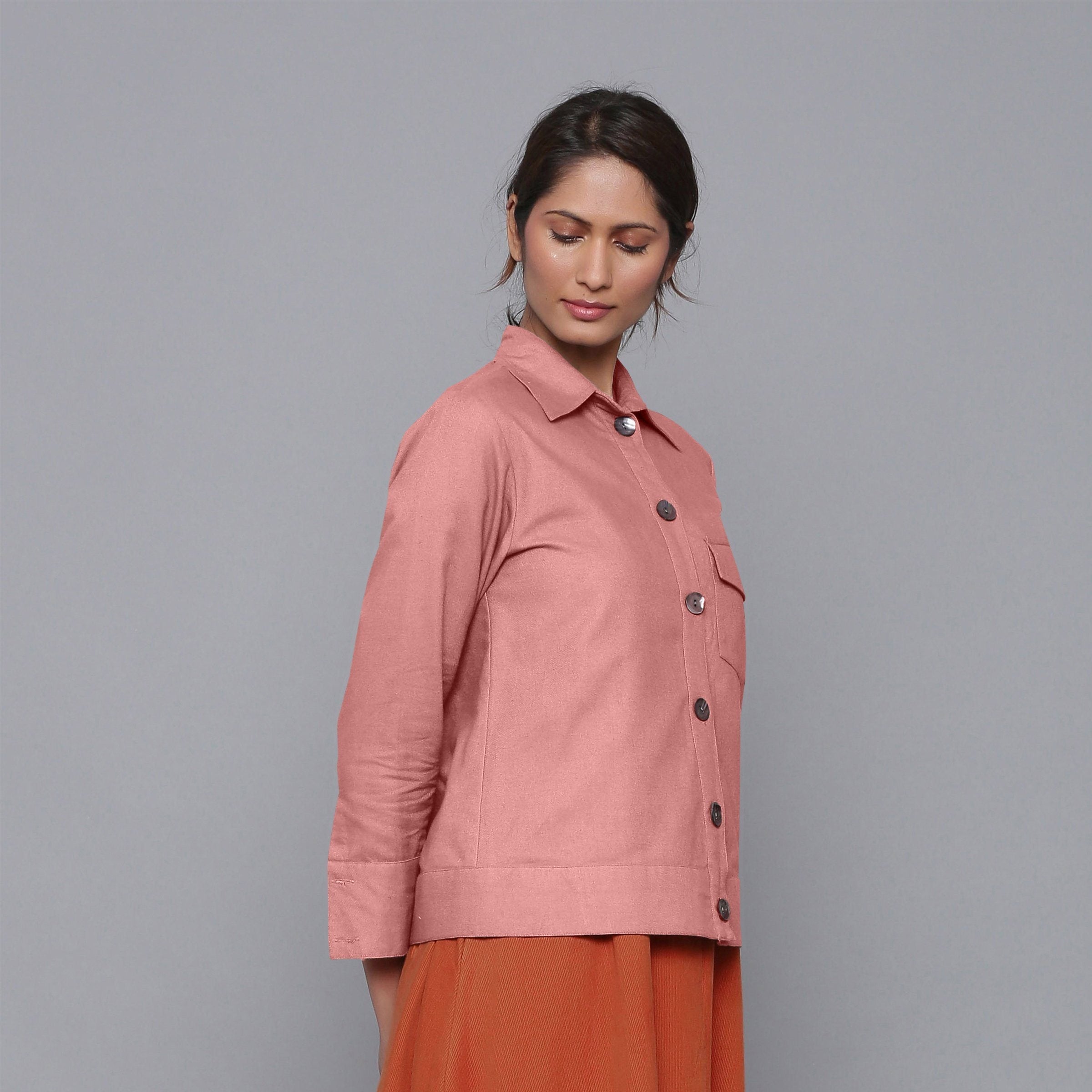 Right View of a Model wearing Solid English Rose Flannel Short Jacket